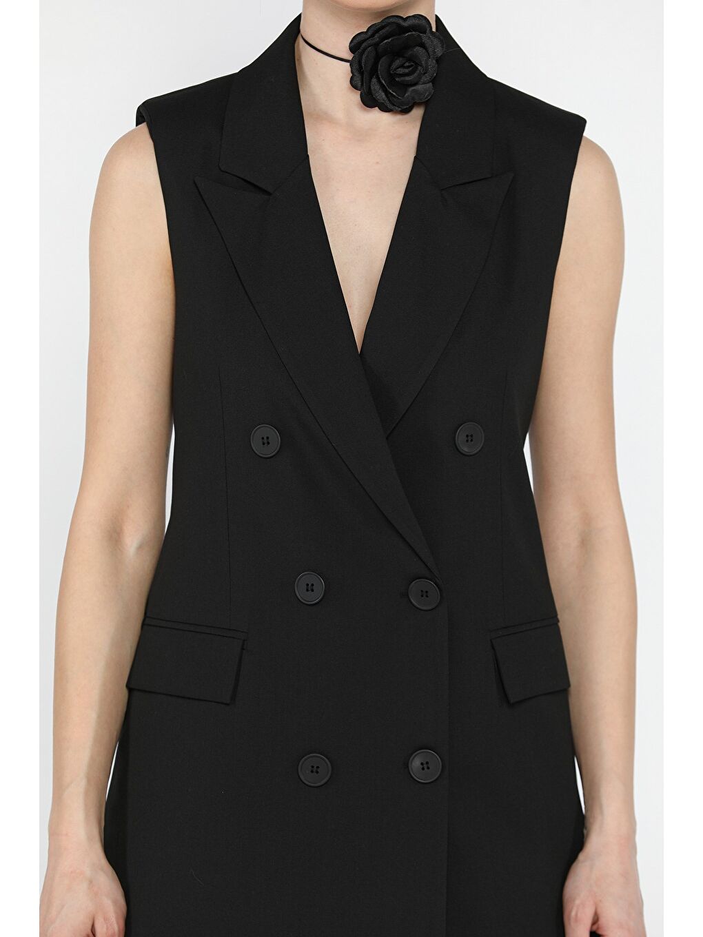 Siyah Kadın Kruvaze Yaka Astarlı Yelek-3