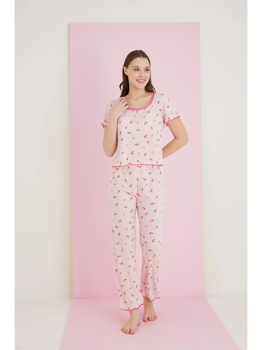 Pembe Jakarlı Viskon Dantelli Pijama Takım 7081-3-1