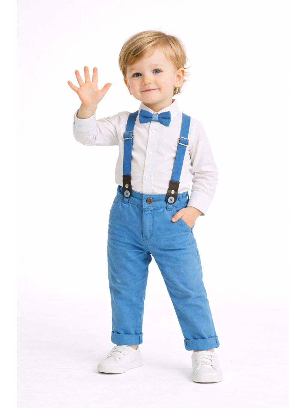 Mavi Erkek Bebek Askılı Pantolon Takım Papyonlu Çocuk Kombin-4
