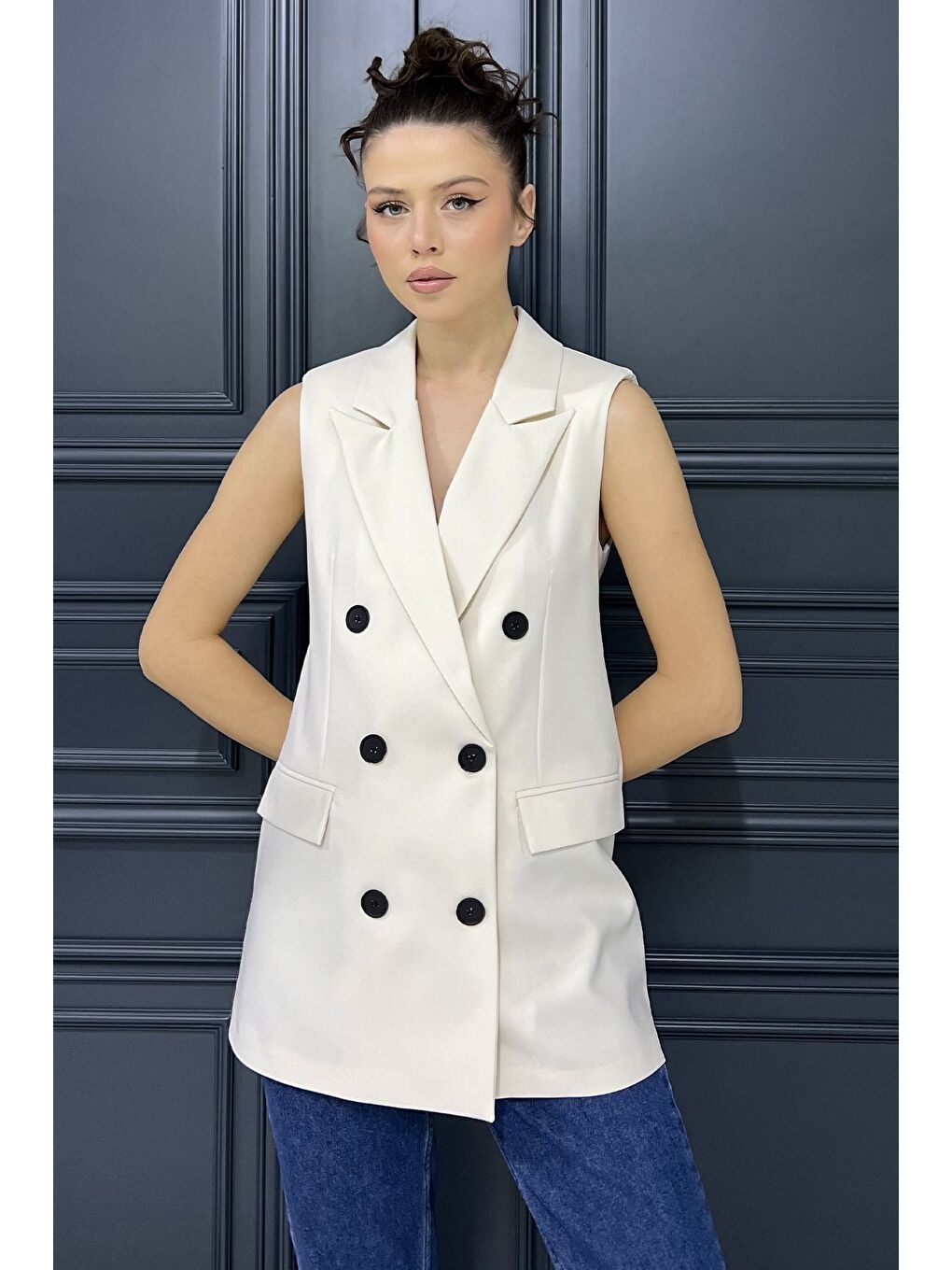 Ekru Kadın Kruvaze Yaka Astarlı Yelek-1
