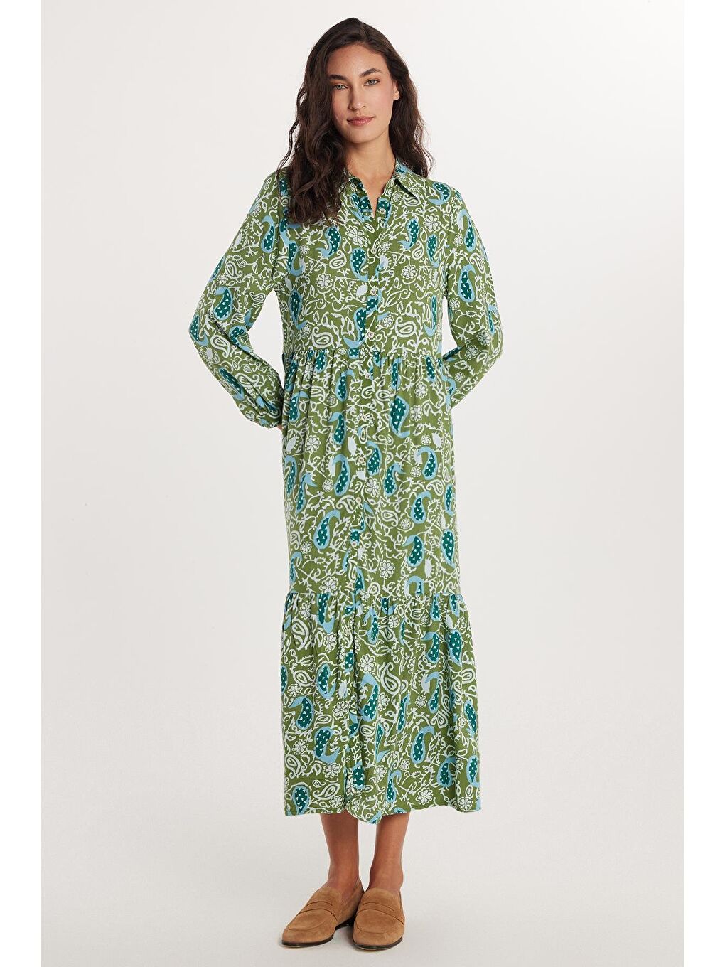 Karışık Kadın Relax Fit Rahat Kesim Uzun Kollu Düğmeli Baskılı Elbise-3