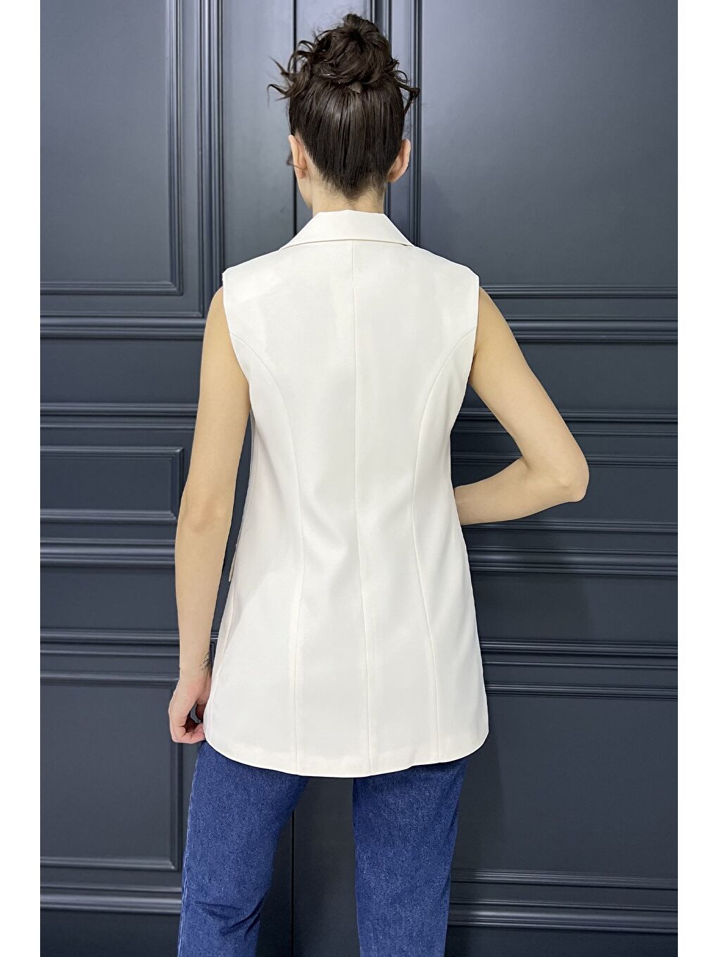 Ekru Kadın Kruvaze Yaka Astarlı Yelek-2