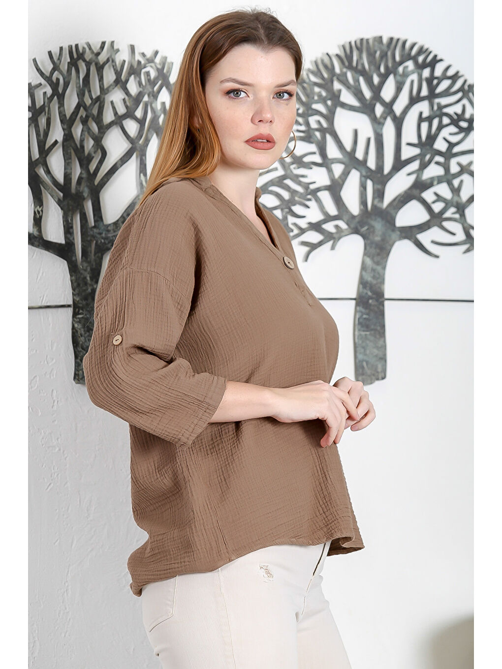 Kahverengi Camel Gömlek Yaka Düğmeli 3/4 Kol Düğmeli Casual Müslin Dokuma Bluz-3