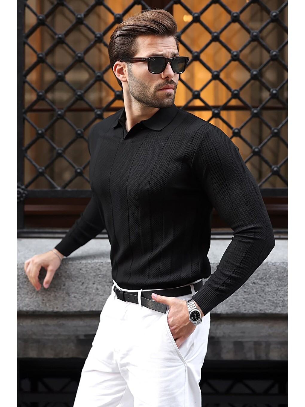 Siyah Regular Fit Polo Yaka Triko Erkek Kazak E7509