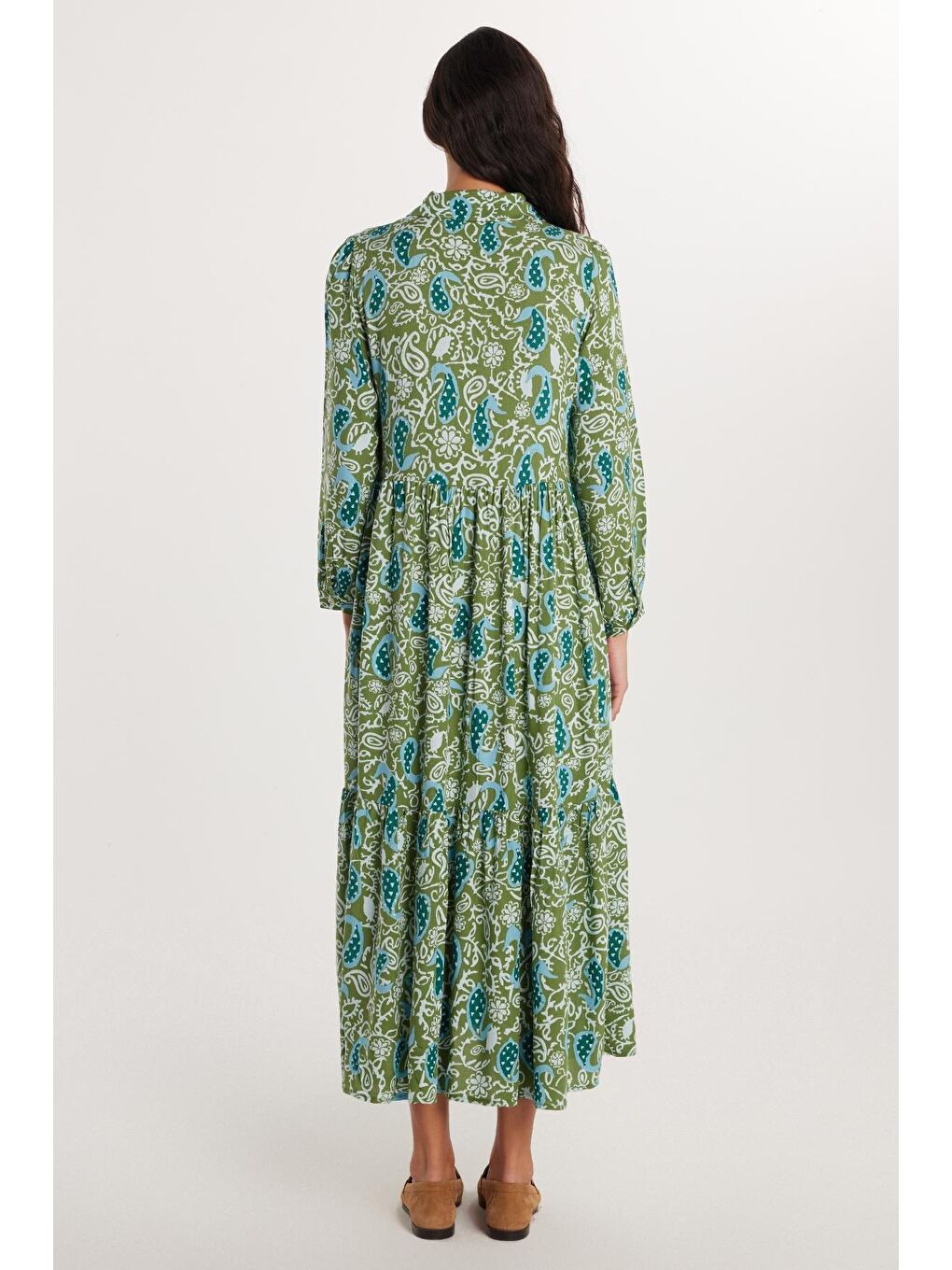 Karışık Kadın Relax Fit Rahat Kesim Uzun Kollu Düğmeli Baskılı Elbise-4