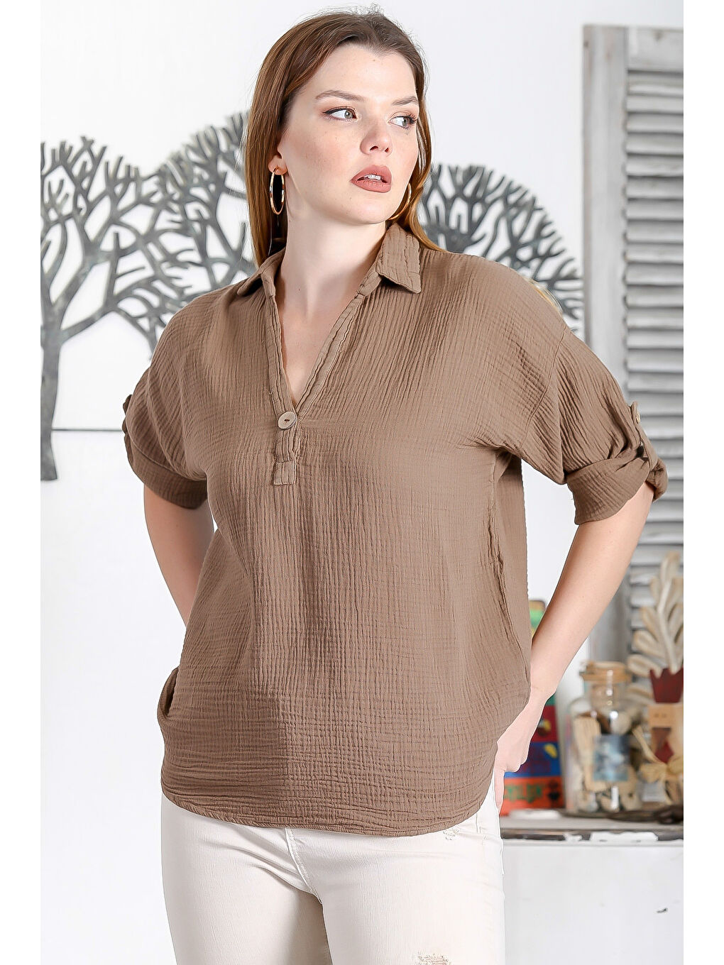 Kahverengi Camel Gömlek Yaka Düğmeli 3/4 Kol Düğmeli Casual Müslin Dokuma Bluz-4