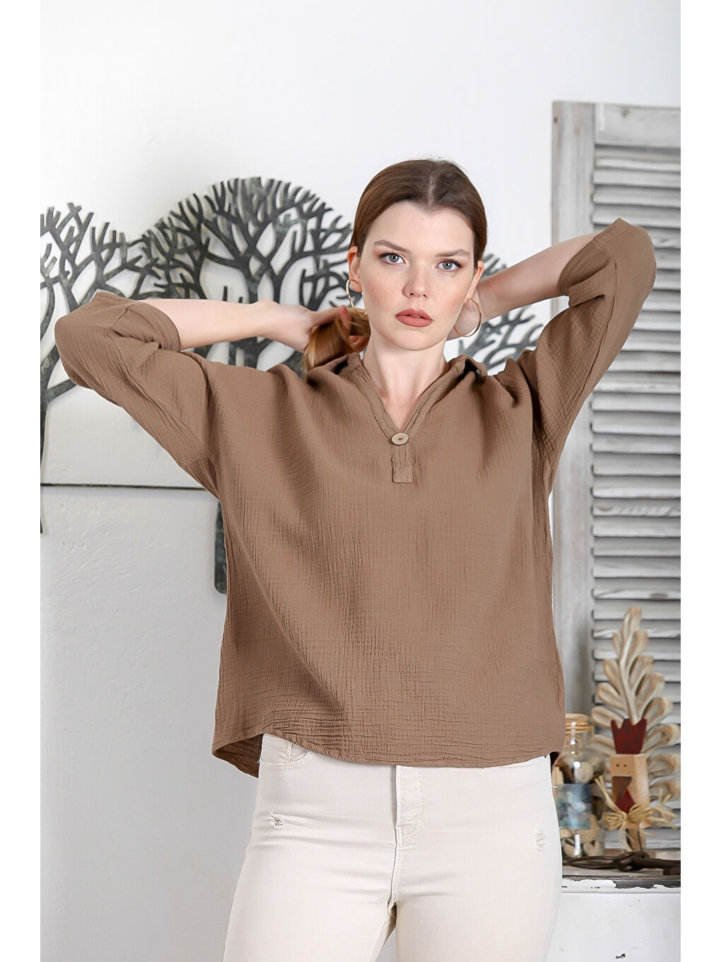 Kahverengi Camel Gömlek Yaka Düğmeli 3/4 Kol Düğmeli Casual Müslin Dokuma Bluz-5