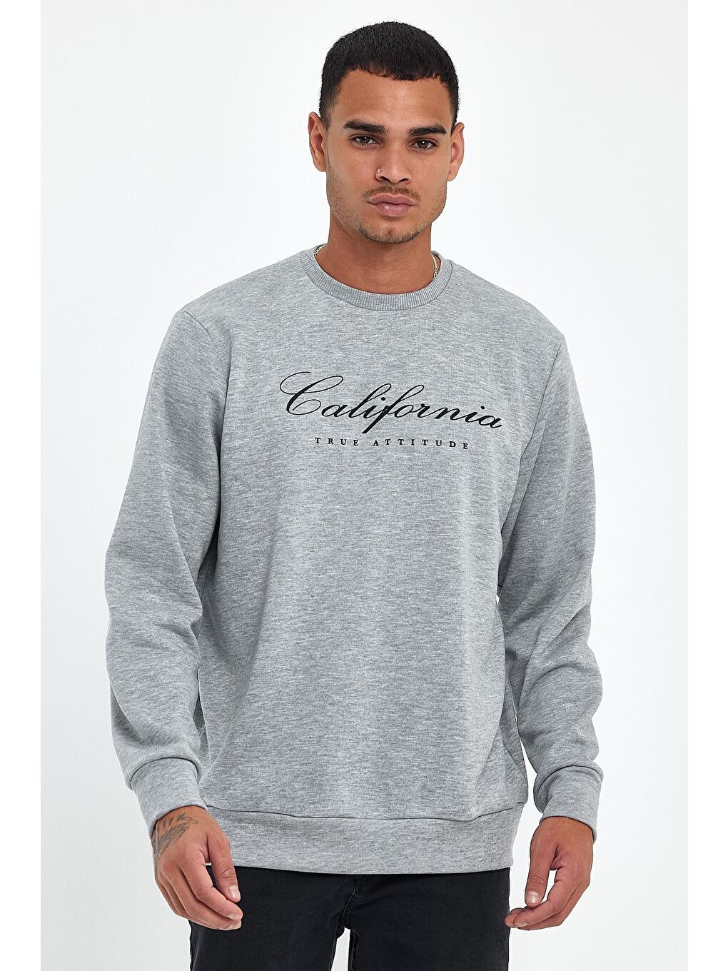 Gri Erkek Bisiklet Yaka Regular Fit 3 İplik Kalın California Baskılı Sweatshirt spr24sw28-2