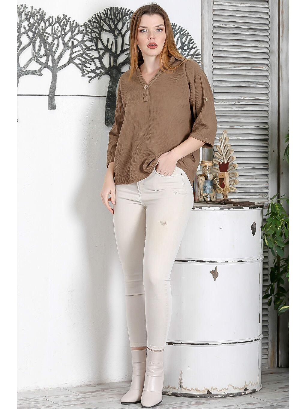 Kahverengi Camel Gömlek Yaka Düğmeli 3/4 Kol Düğmeli Casual Müslin Dokuma Bluz-6