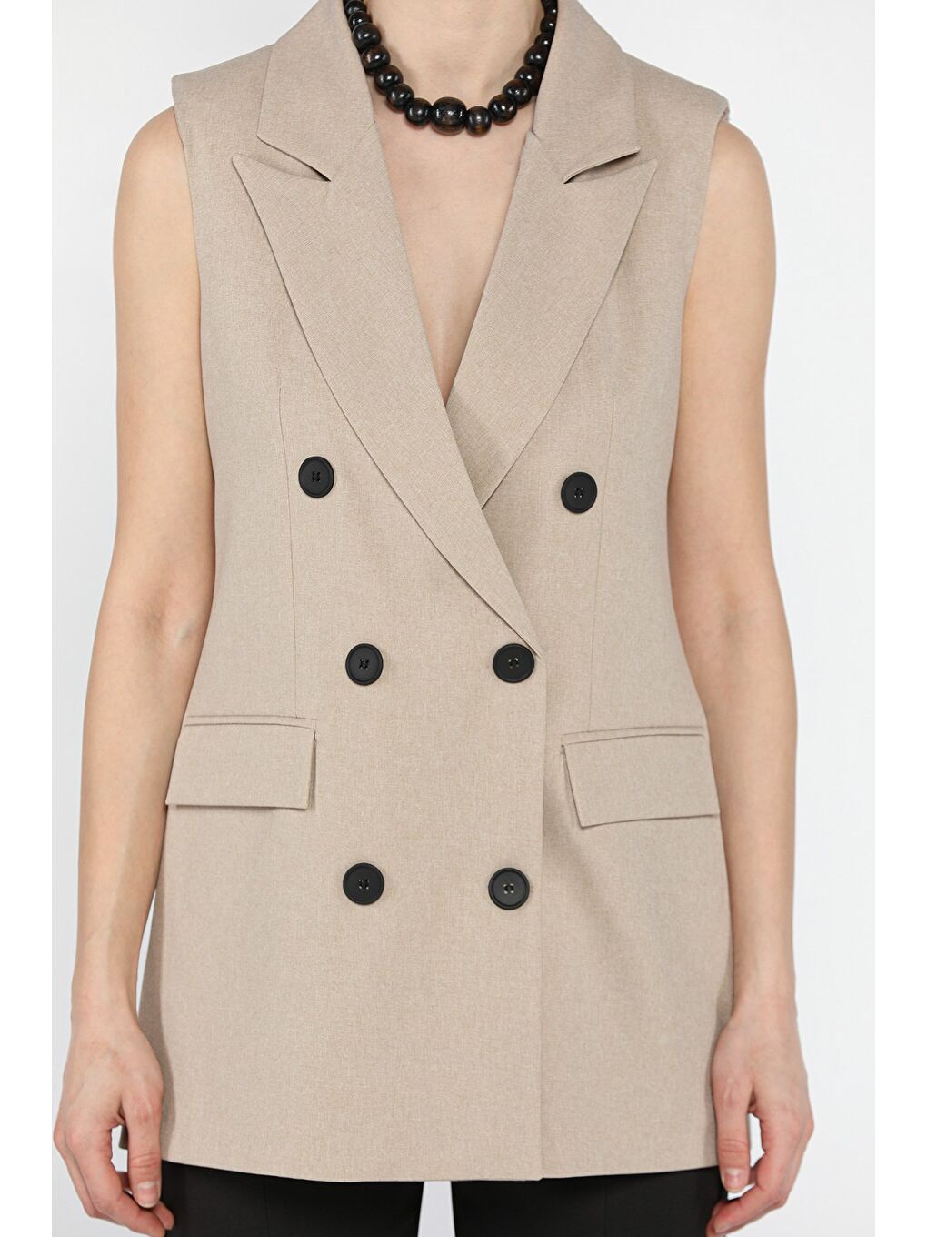 Bej Kadın Kruvaze Yaka Astarlı Yelek-3