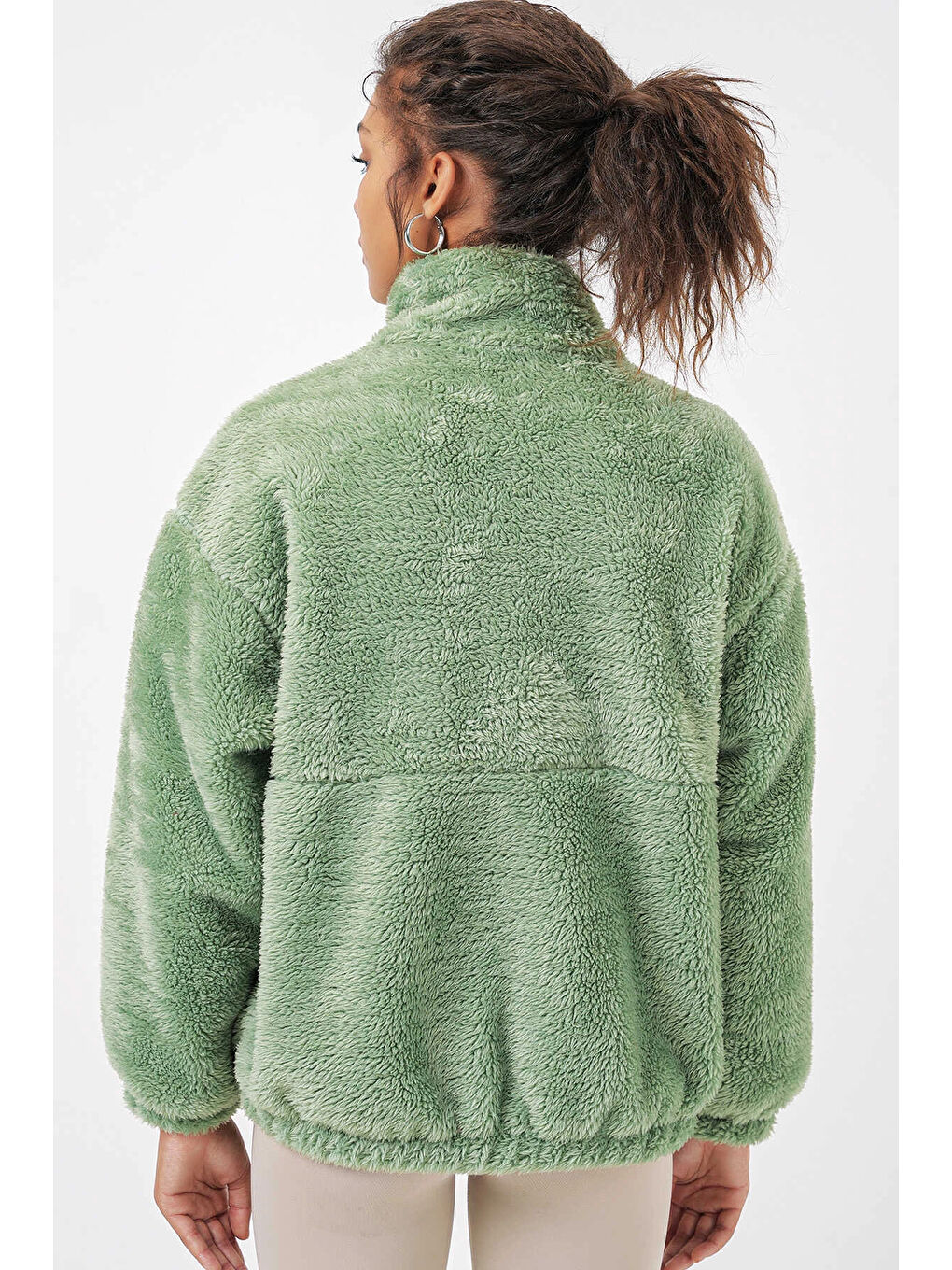 Kadın Mint Yeşili Baskılı Fermuarlı Suni Yünlü Astarlı Pelüş Ceket HZL25W BD151941-4
