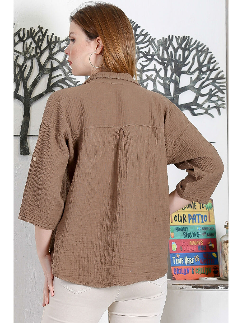 Kahverengi Camel Gömlek Yaka Düğmeli 3/4 Kol Düğmeli Casual Müslin Dokuma Bluz-7