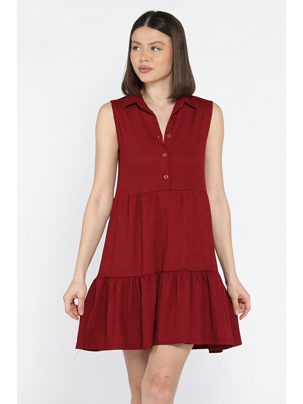 Bordo Kadın Polo Yaka Ön Düğmeli Fırfırlı Elbise