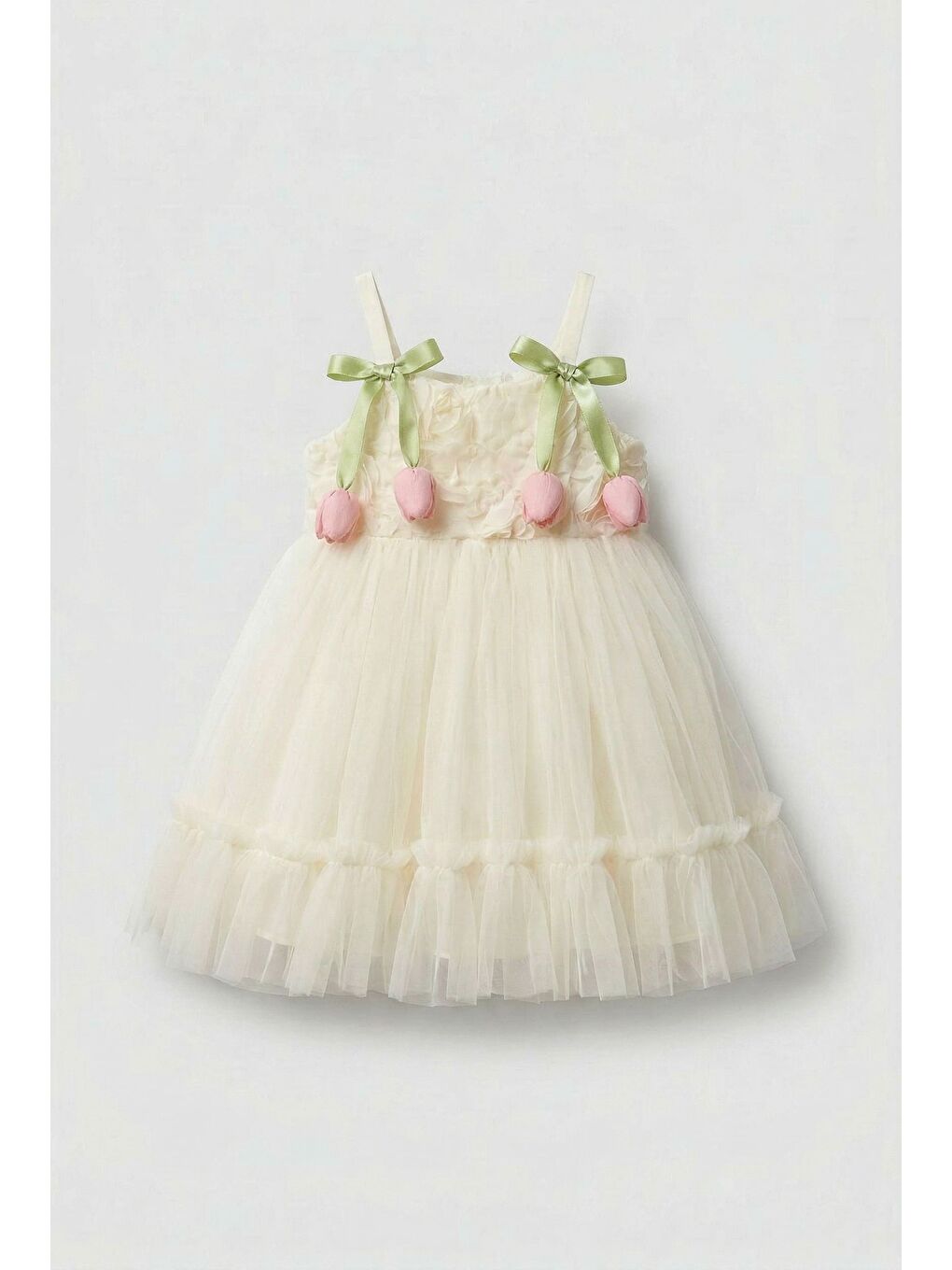 Kız Çocuk Pamuklu Ekru Gül Desenli Tül Elbise