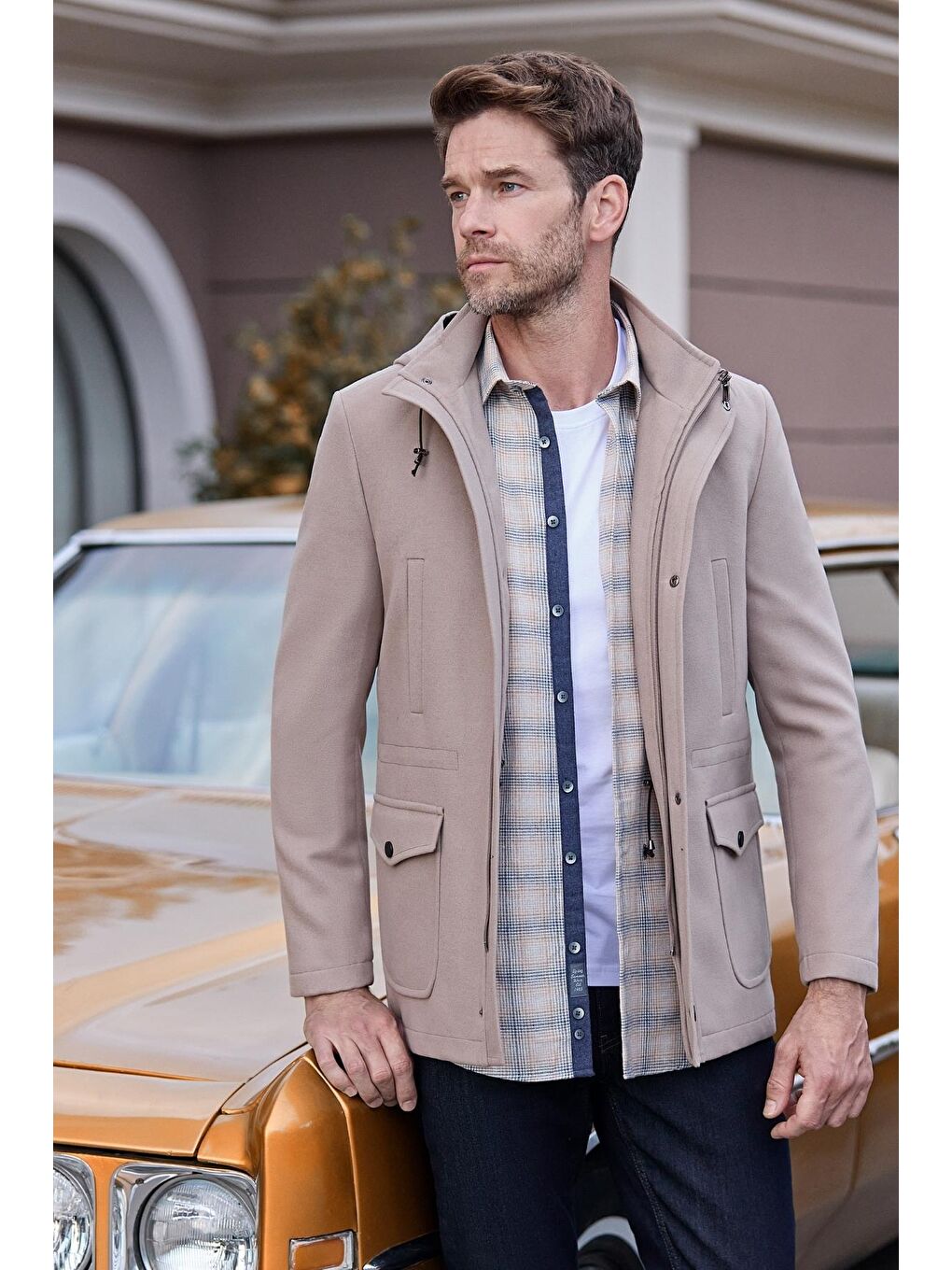 Bej Taş Rengi Kaşe Dik Yaka Astarlı Slim Fit Dar Kesim Klasik Kaban 1008245272-1