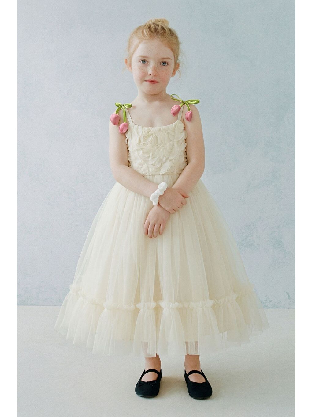 Kız Çocuk Pamuklu Ekru Gül Desenli Tül Elbise-1