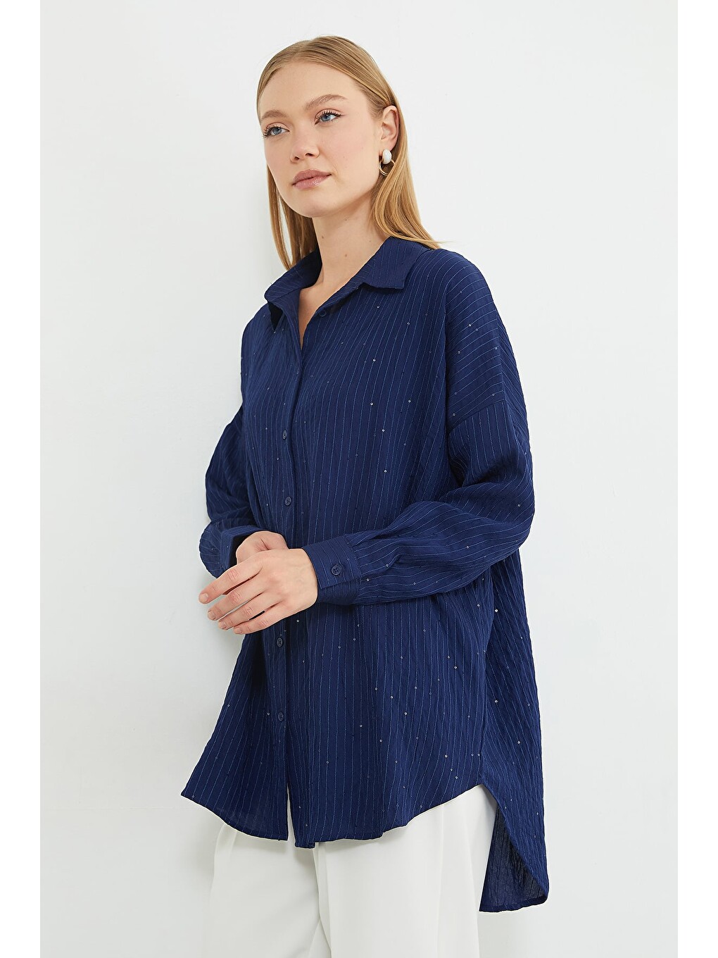 Lacivert Fullamodest Pullu Jakarlı Oversize Gömlek-2