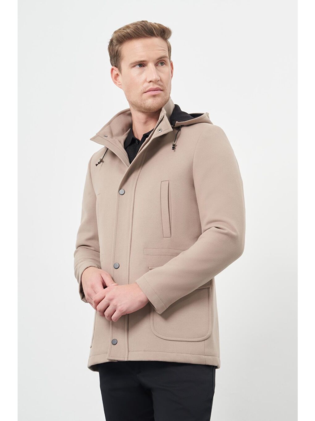 Bej Taş Rengi Kaşe Dik Yaka Astarlı Slim Fit Dar Kesim Klasik Kaban 1008245272-2