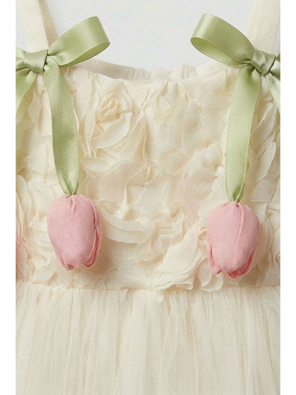 Kız Çocuk Pamuklu Ekru Gül Desenli Tül Elbise-2