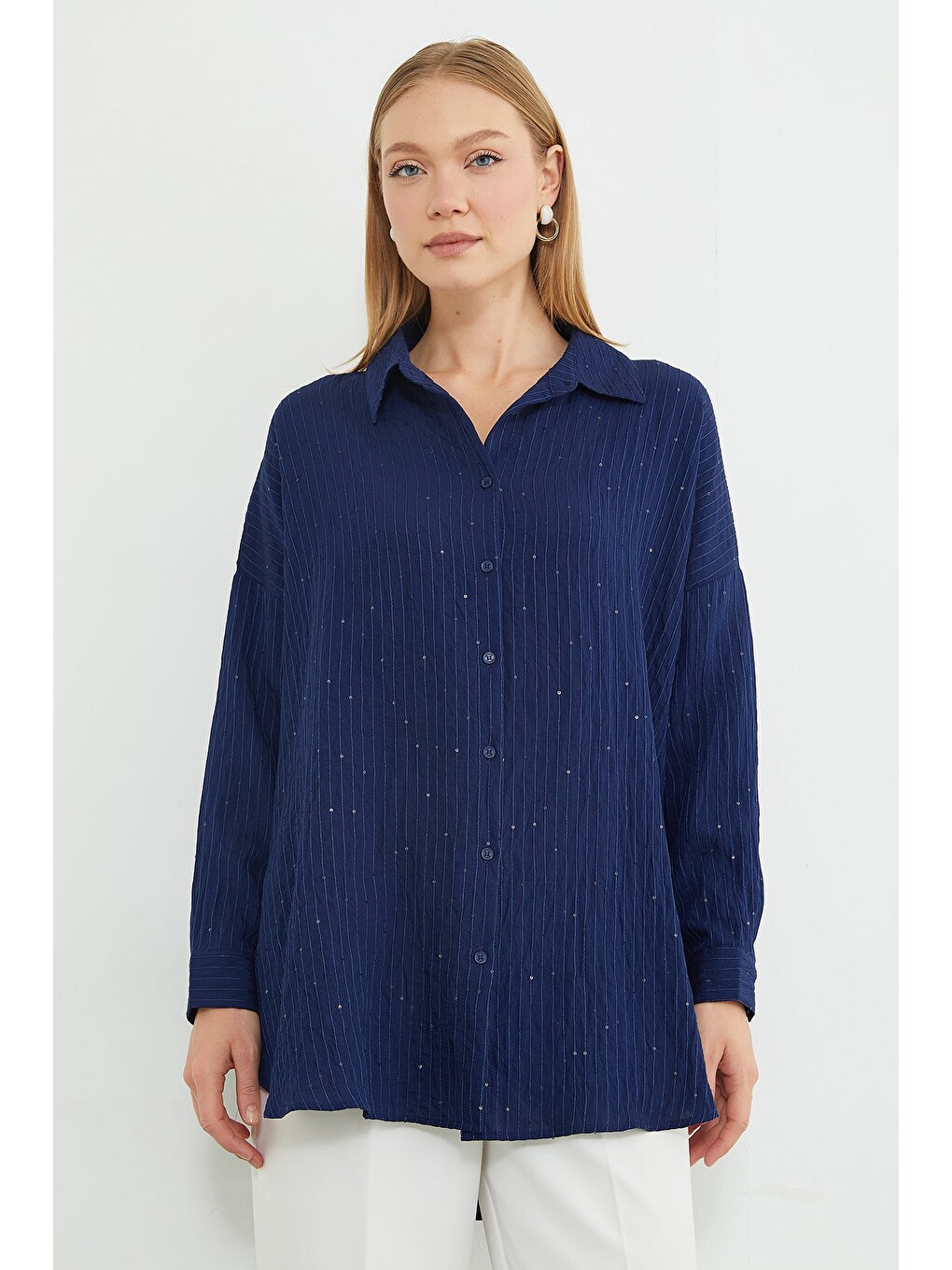 Lacivert Fullamodest Pullu Jakarlı Oversize Gömlek-3