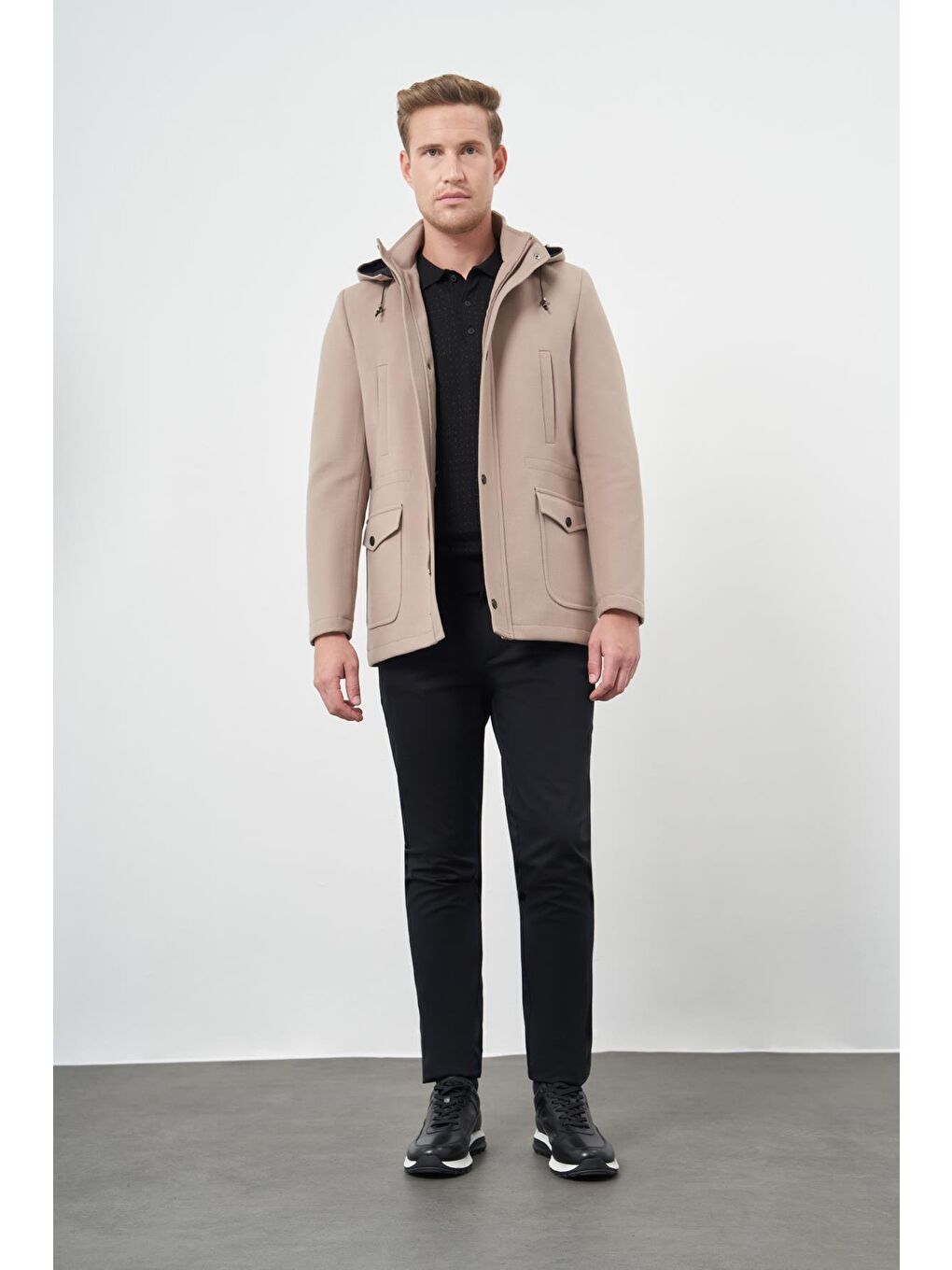 Bej Taş Rengi Kaşe Dik Yaka Astarlı Slim Fit Dar Kesim Klasik Kaban 1008245272-3