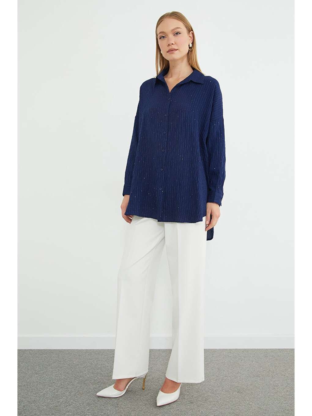 Lacivert Fullamodest Pullu Jakarlı Oversize Gömlek-4