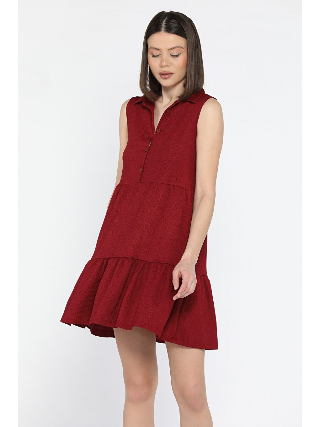 Bordo Kadın Polo Yaka Ön Düğmeli Fırfırlı Elbise-1