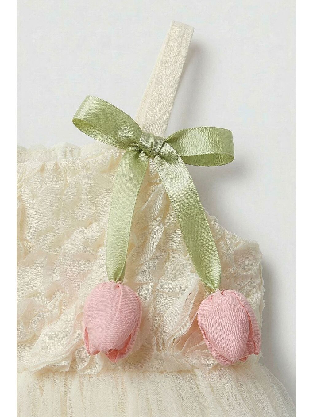 Kız Çocuk Pamuklu Ekru Gül Desenli Tül Elbise-3