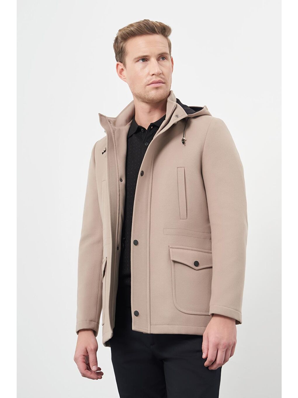 Bej Taş Rengi Kaşe Dik Yaka Astarlı Slim Fit Dar Kesim Klasik Kaban 1008245272-4