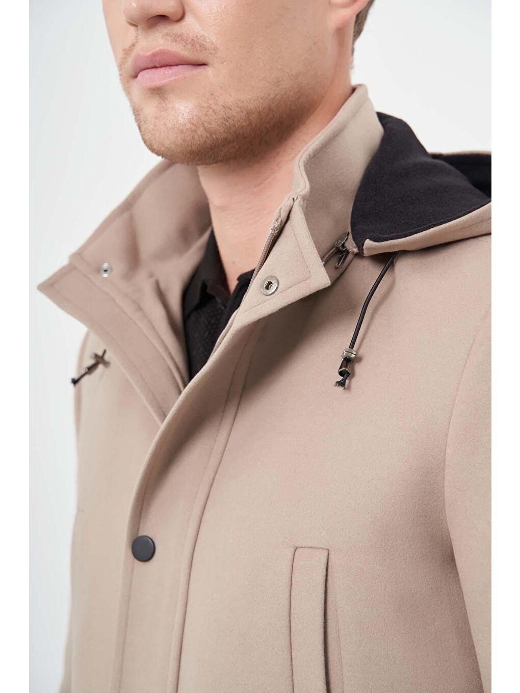 Bej Taş Rengi Kaşe Dik Yaka Astarlı Slim Fit Dar Kesim Klasik Kaban 1008245272-5