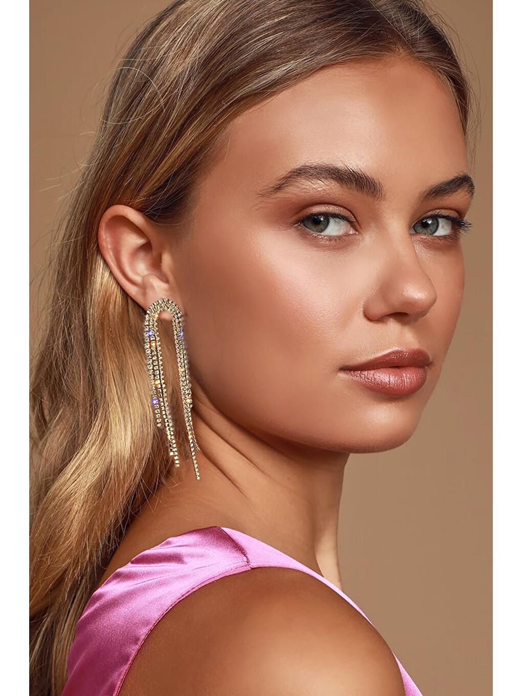 Sarı Parlak Taşlı Püsküllü Sallantılı Abiye Küpe-2