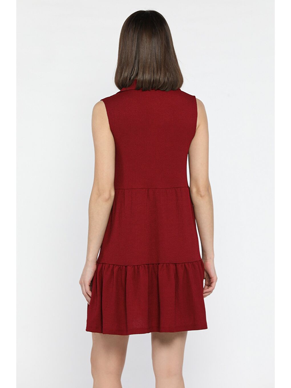 Bordo Kadın Polo Yaka Ön Düğmeli Fırfırlı Elbise-2