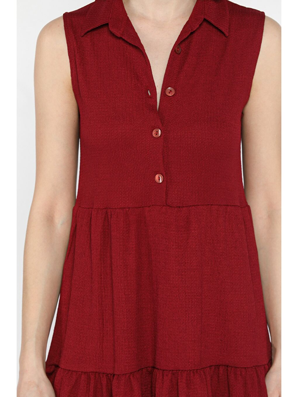 Bordo Kadın Polo Yaka Ön Düğmeli Fırfırlı Elbise-3