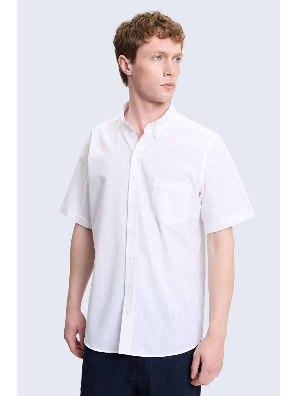 Beyaz Comfort Fit Düğmeli Yaka 100% Pamuk Kısa Kollu Casual Gömlek-2