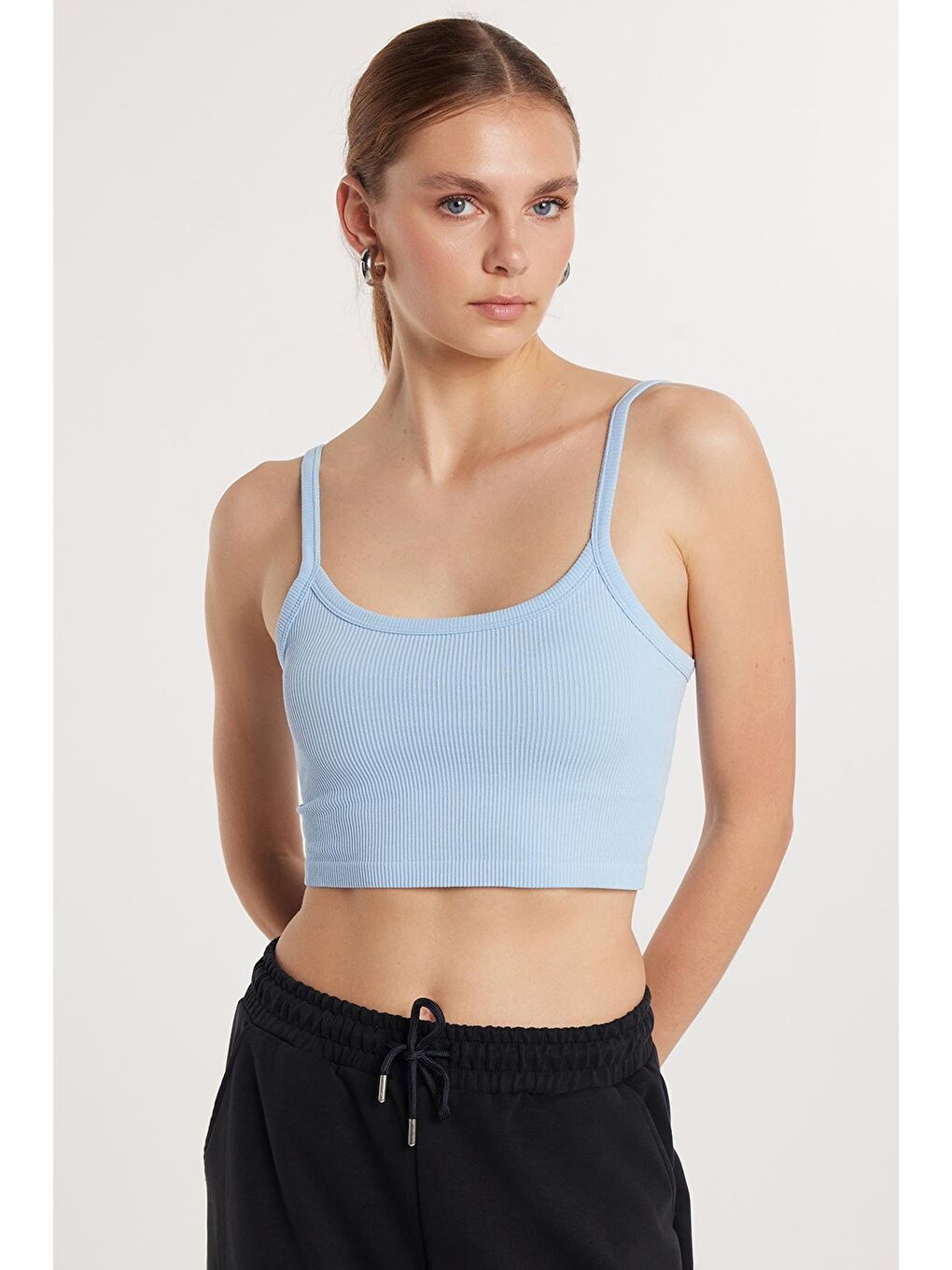 Kadın Slim Fit Kare Yaka Düz Basic Mavi Crop Atlet