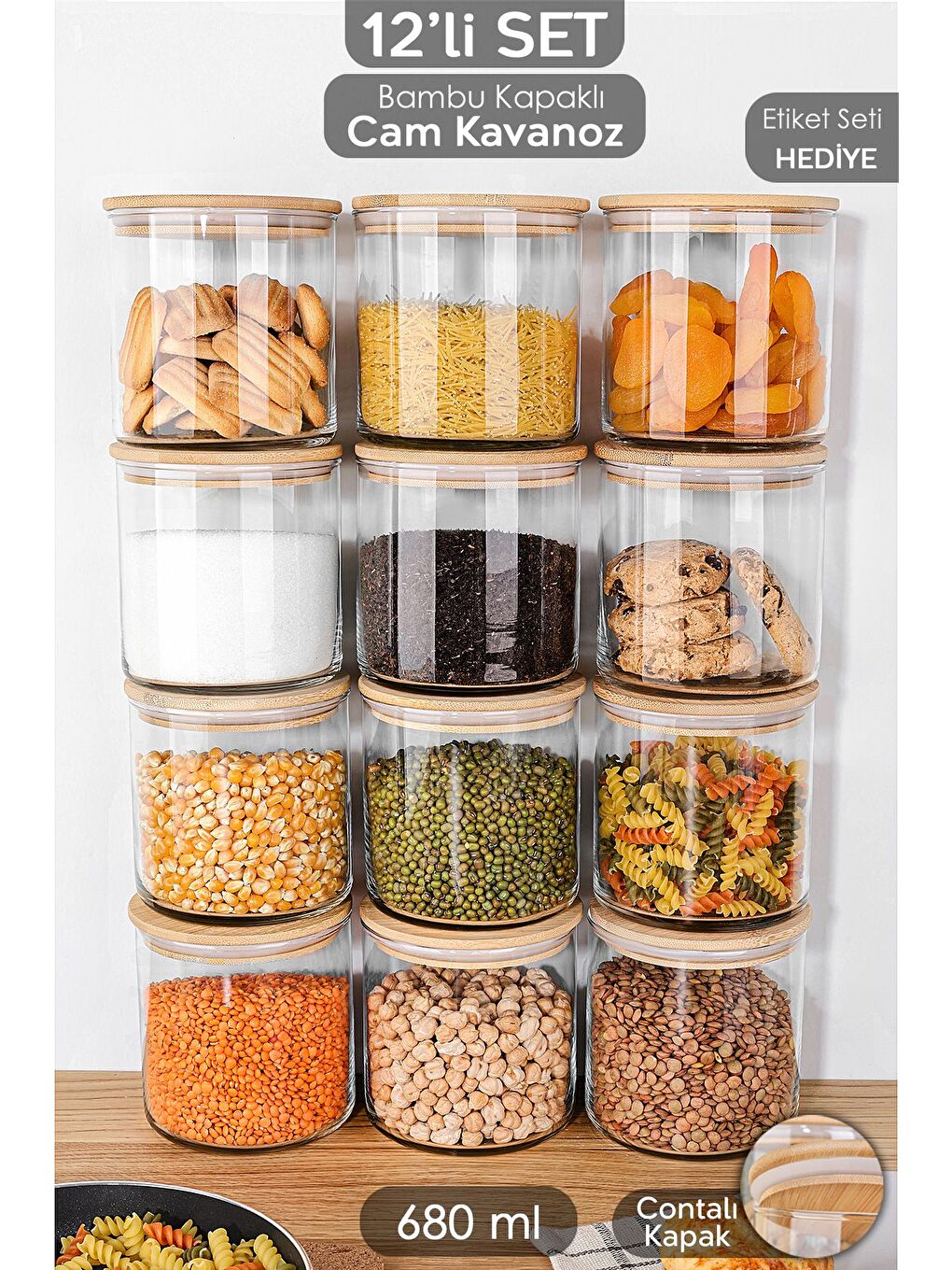 Renksiz 12'li Bambu Kapak Cam Saklama Kabı Bakliyat Erzak Kavanozu Vakum Kapaklı Cam Kavanoz Seti 680 ml