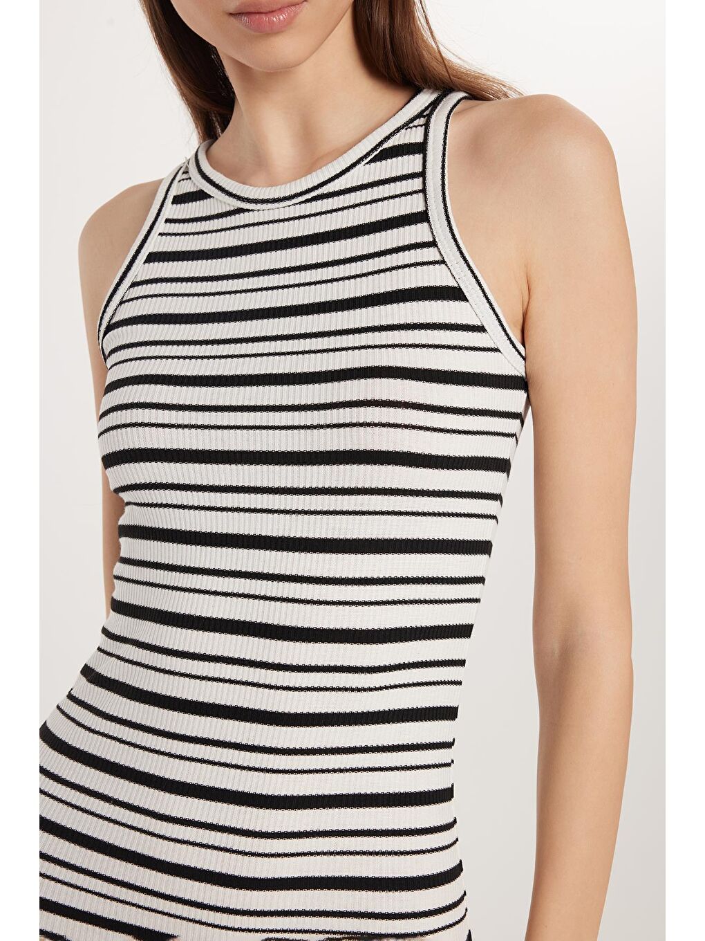 Karışık Kadın Slim Fit Dar Kesim Sıfır Kol Bisiklet Yaka Çizgili Elbise-2