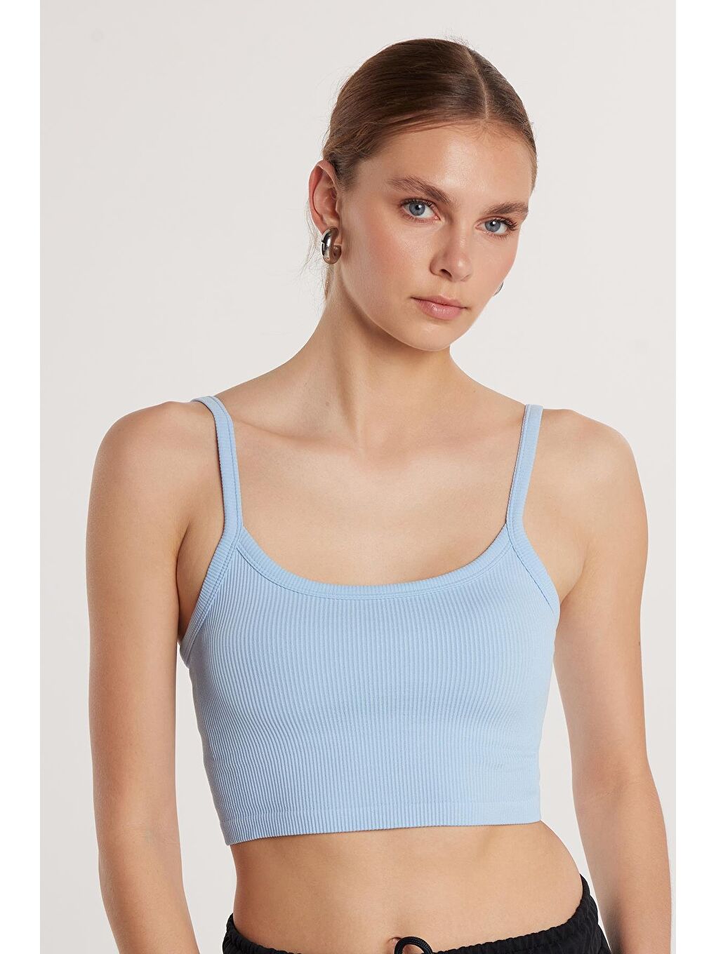 Kadın Slim Fit Kare Yaka Düz Basic Mavi Crop Atlet-2