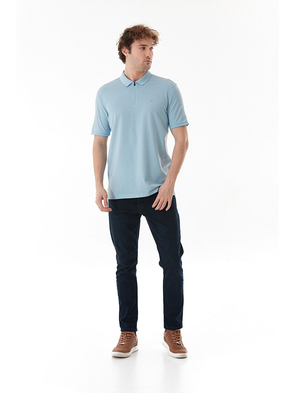 Mavi Oxford Kumaş Yarım Fermuarlı Polo Yaka Tişört-1