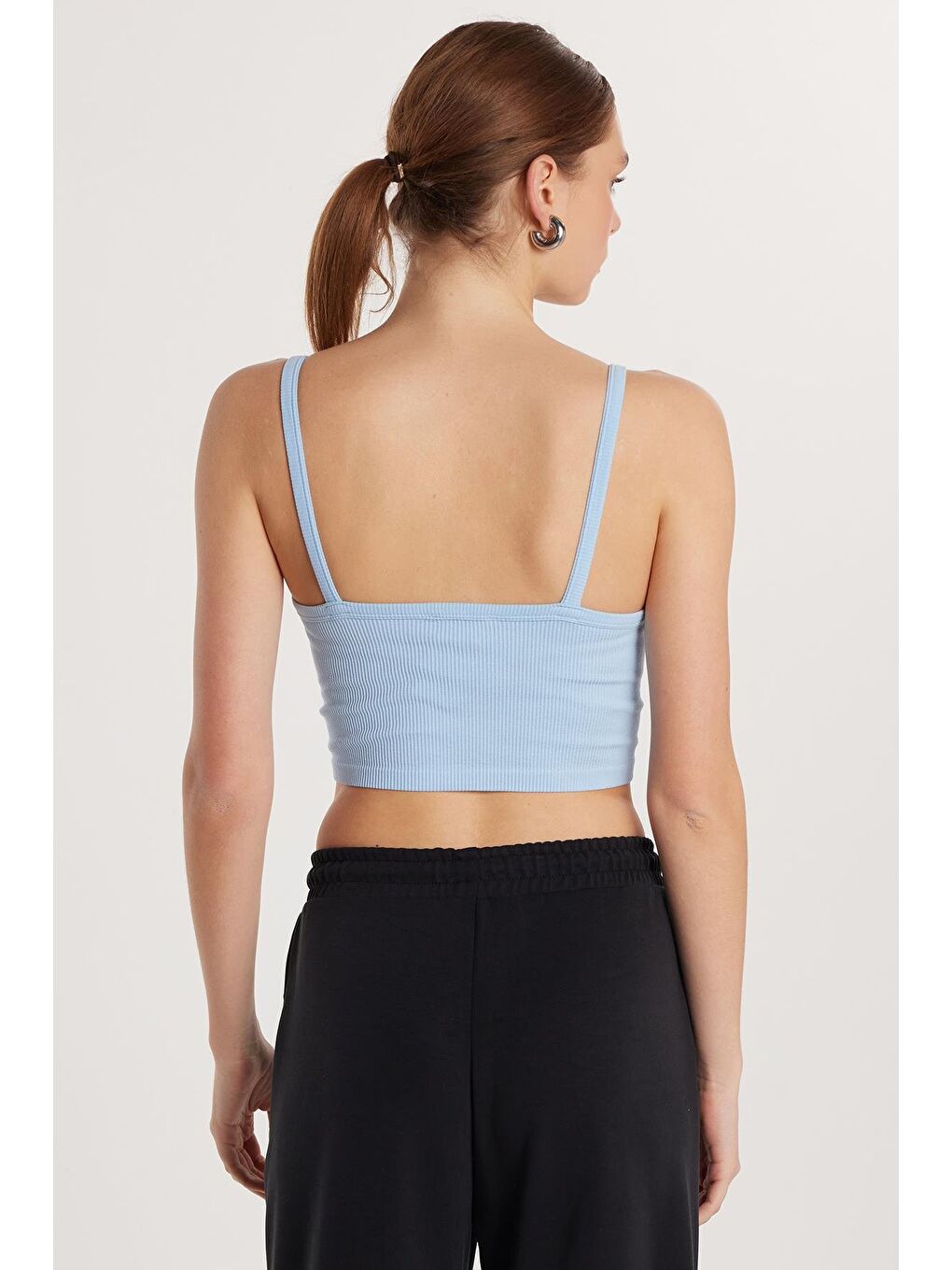 Kadın Slim Fit Kare Yaka Düz Basic Mavi Crop Atlet-4