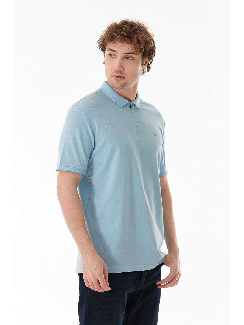 Mavi Oxford Kumaş Yarım Fermuarlı Polo Yaka Tişört-2