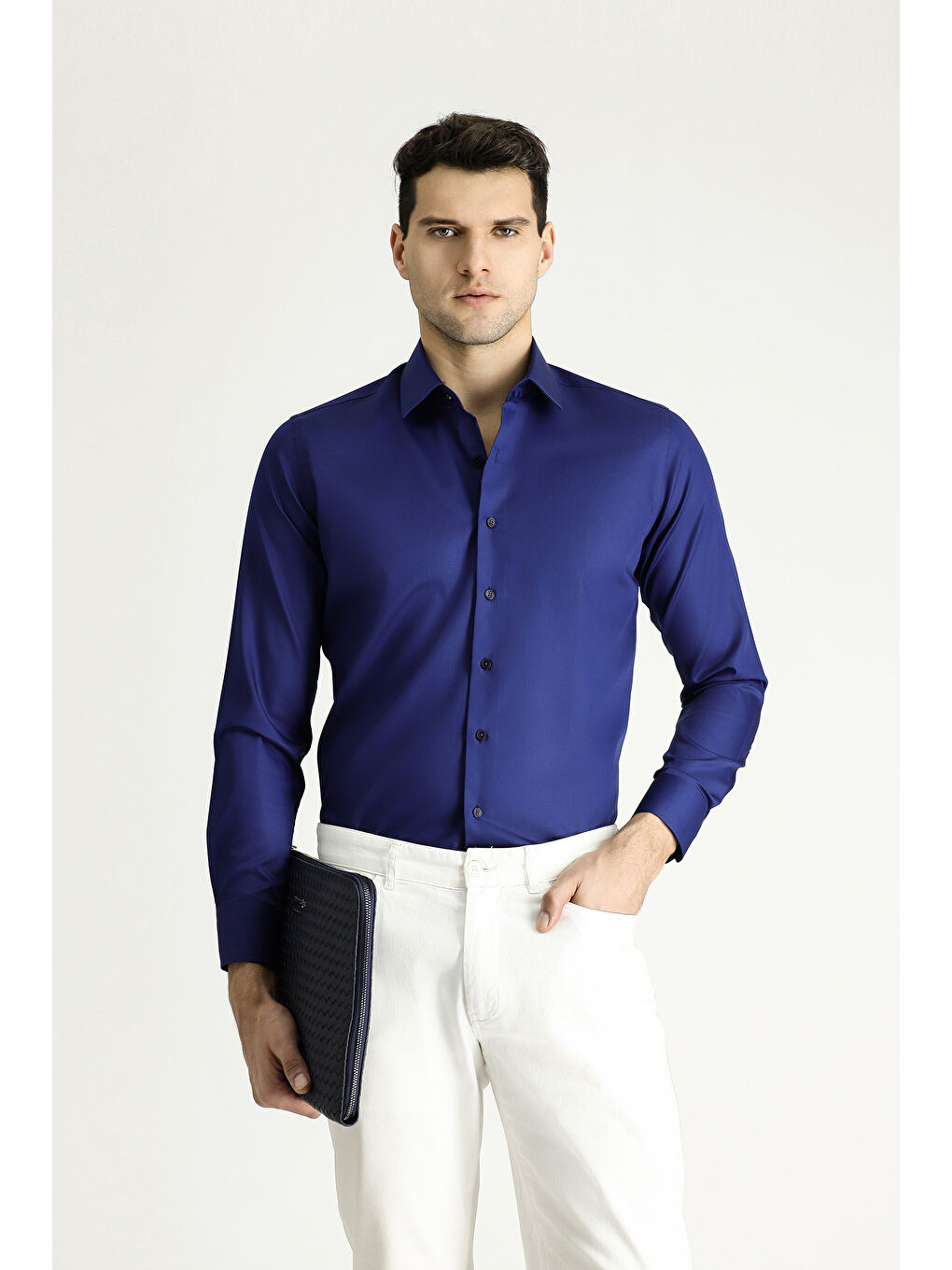 Lacivert Uzun Kol Slim Fit Dar Kesim Pamuklu Non Iron Saten Klasik Gömlek-1