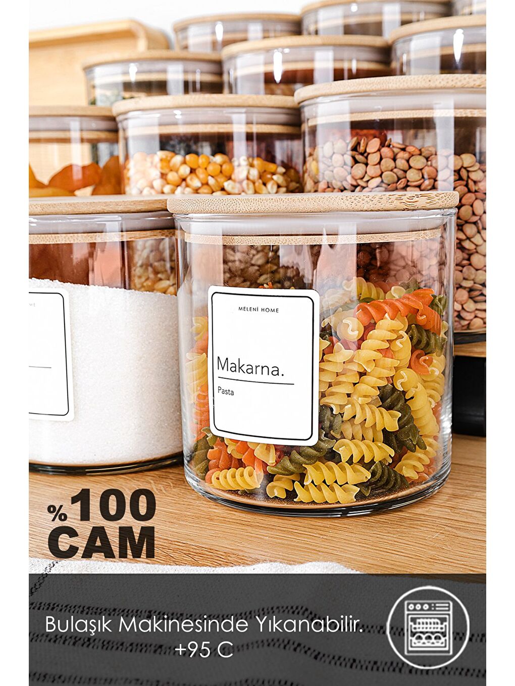 Renksiz 12'li Bambu Kapak Cam Saklama Kabı Bakliyat Erzak Kavanozu Vakum Kapaklı Cam Kavanoz Seti 680 ml-5