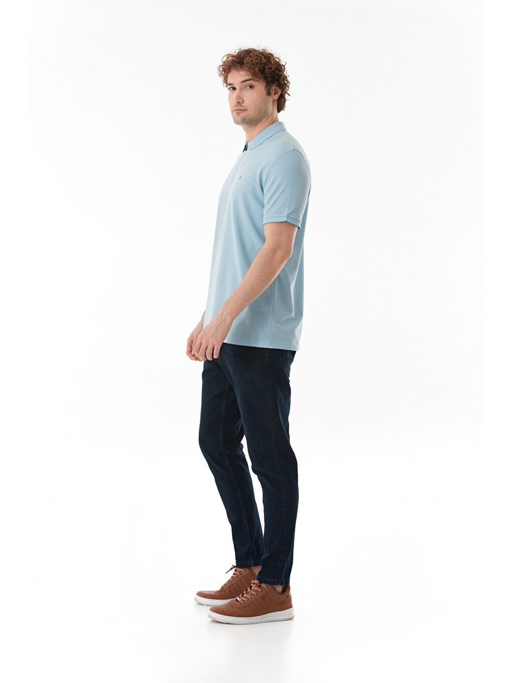 Mavi Oxford Kumaş Yarım Fermuarlı Polo Yaka Tişört-4