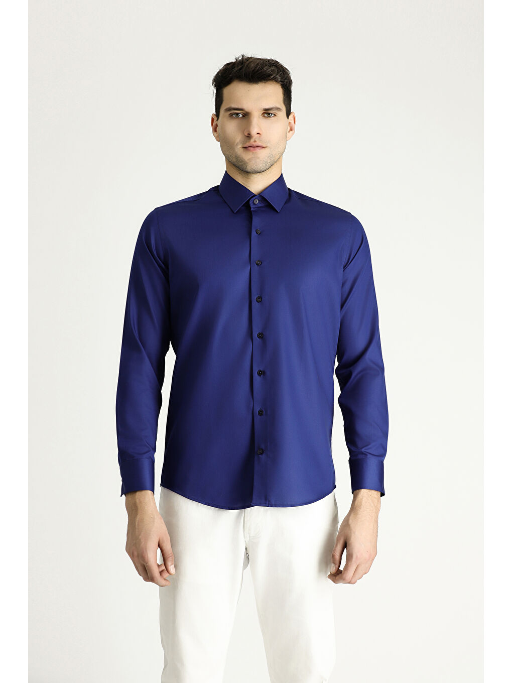 Lacivert Uzun Kol Slim Fit Dar Kesim Pamuklu Non Iron Saten Klasik Gömlek-2