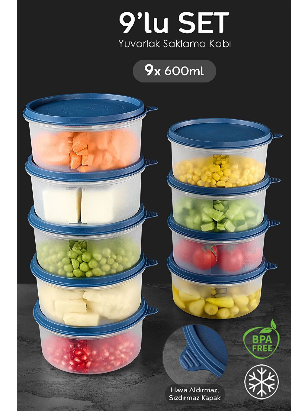 9'lu Yuvarlak Gıda Saklama Kabı Seti 9x600 ml Lacivert