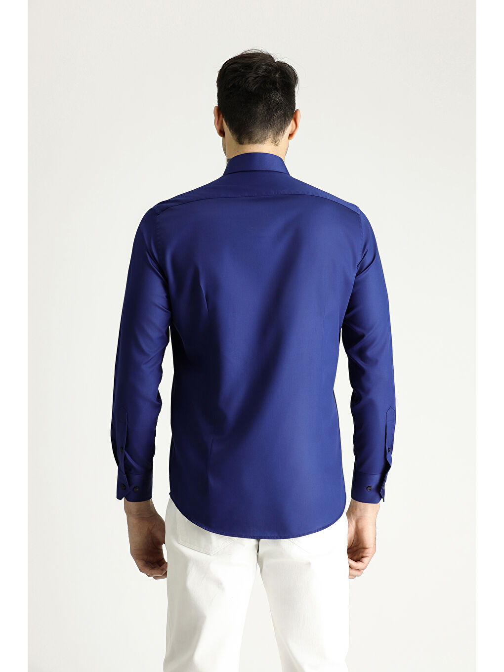 Lacivert Uzun Kol Slim Fit Dar Kesim Pamuklu Non Iron Saten Klasik Gömlek-3