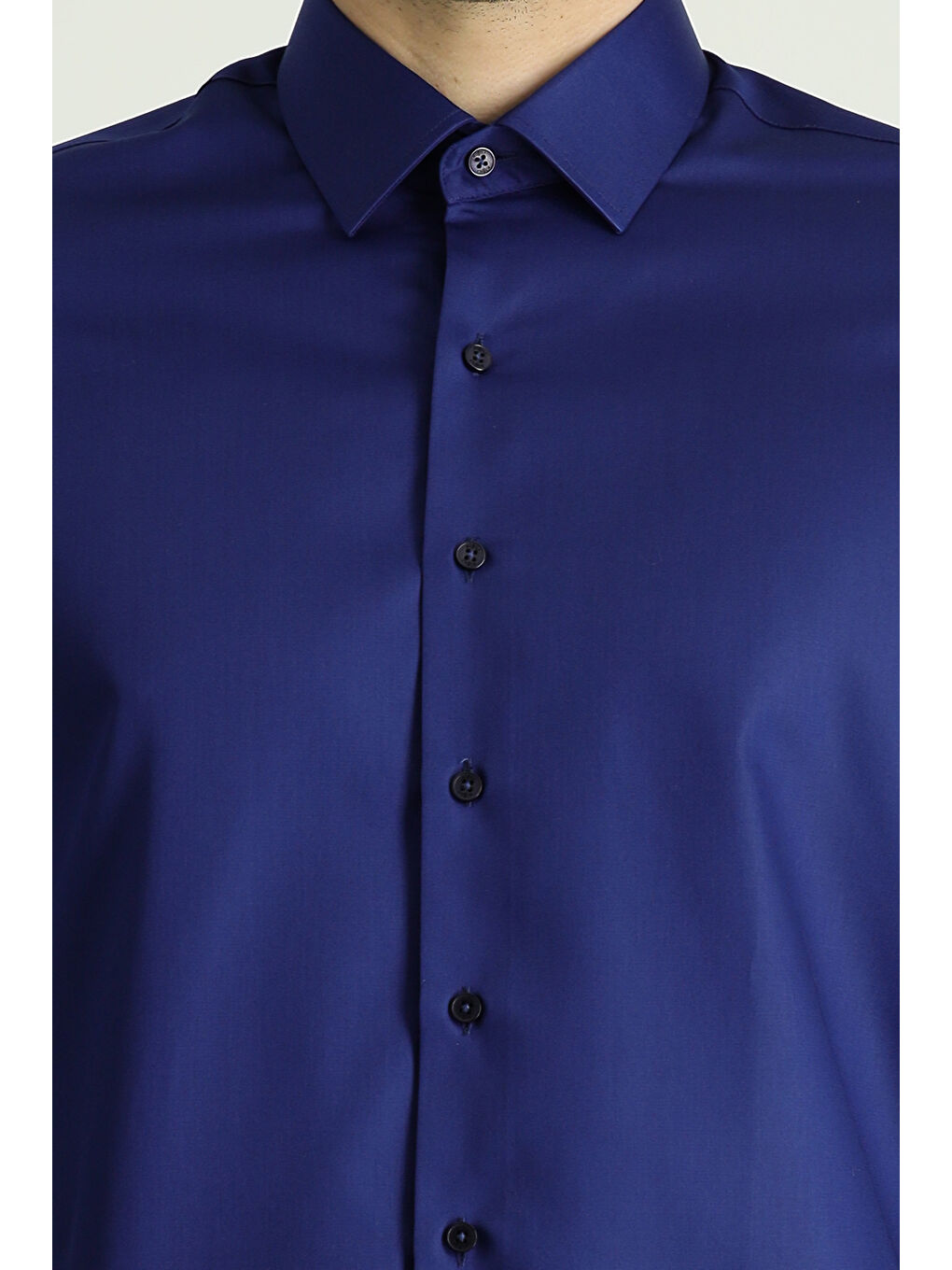 Lacivert Uzun Kol Slim Fit Dar Kesim Pamuklu Non Iron Saten Klasik Gömlek-4