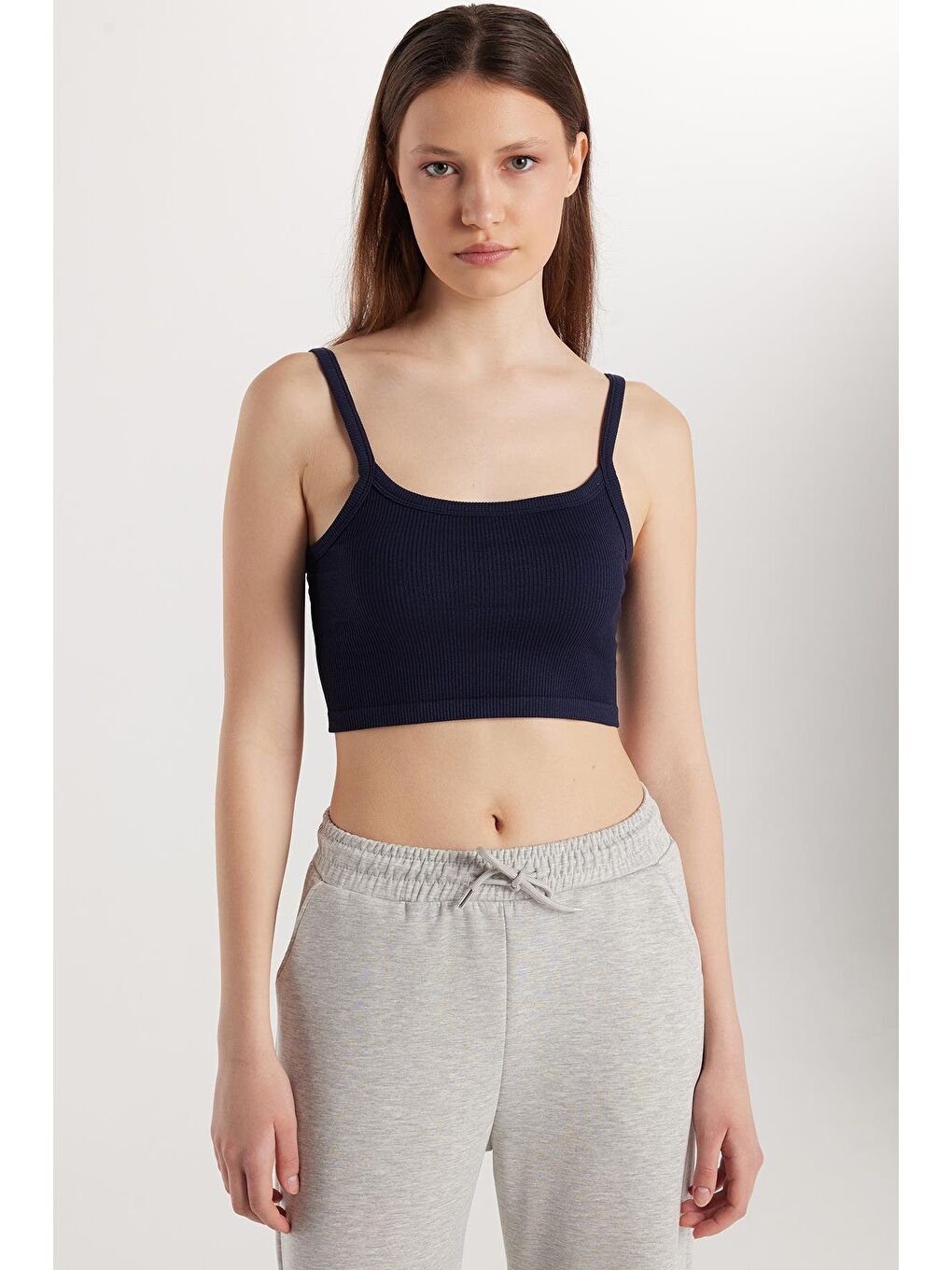 Kadın Slim Fit Kare Yaka Düz Basic Lacivert Crop Atlet-3