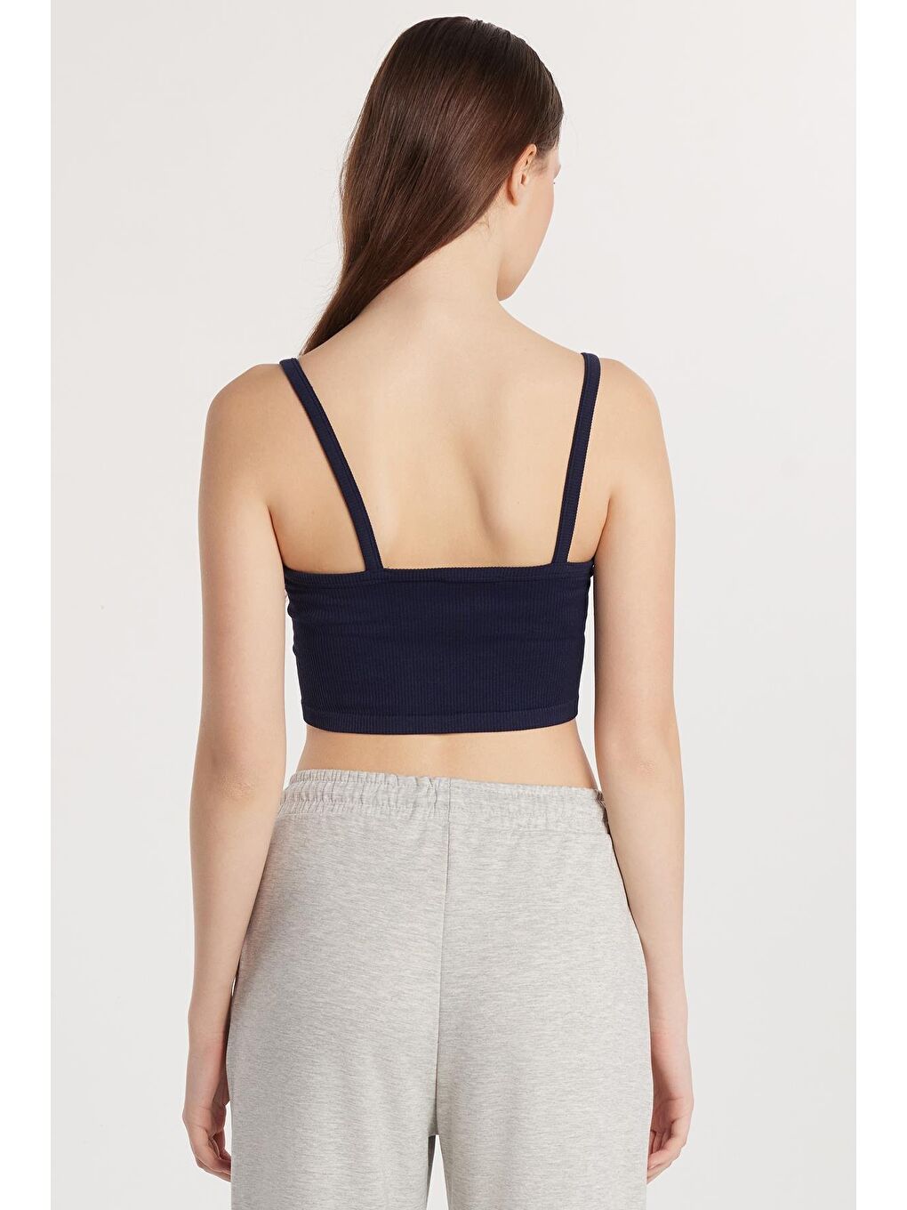 Kadın Slim Fit Kare Yaka Düz Basic Lacivert Crop Atlet-4